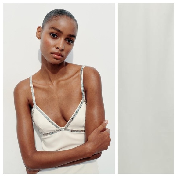 NWT. Zara White Rhinestone Midi Dress with V-neckline. Size S. - Picture 3 of 11